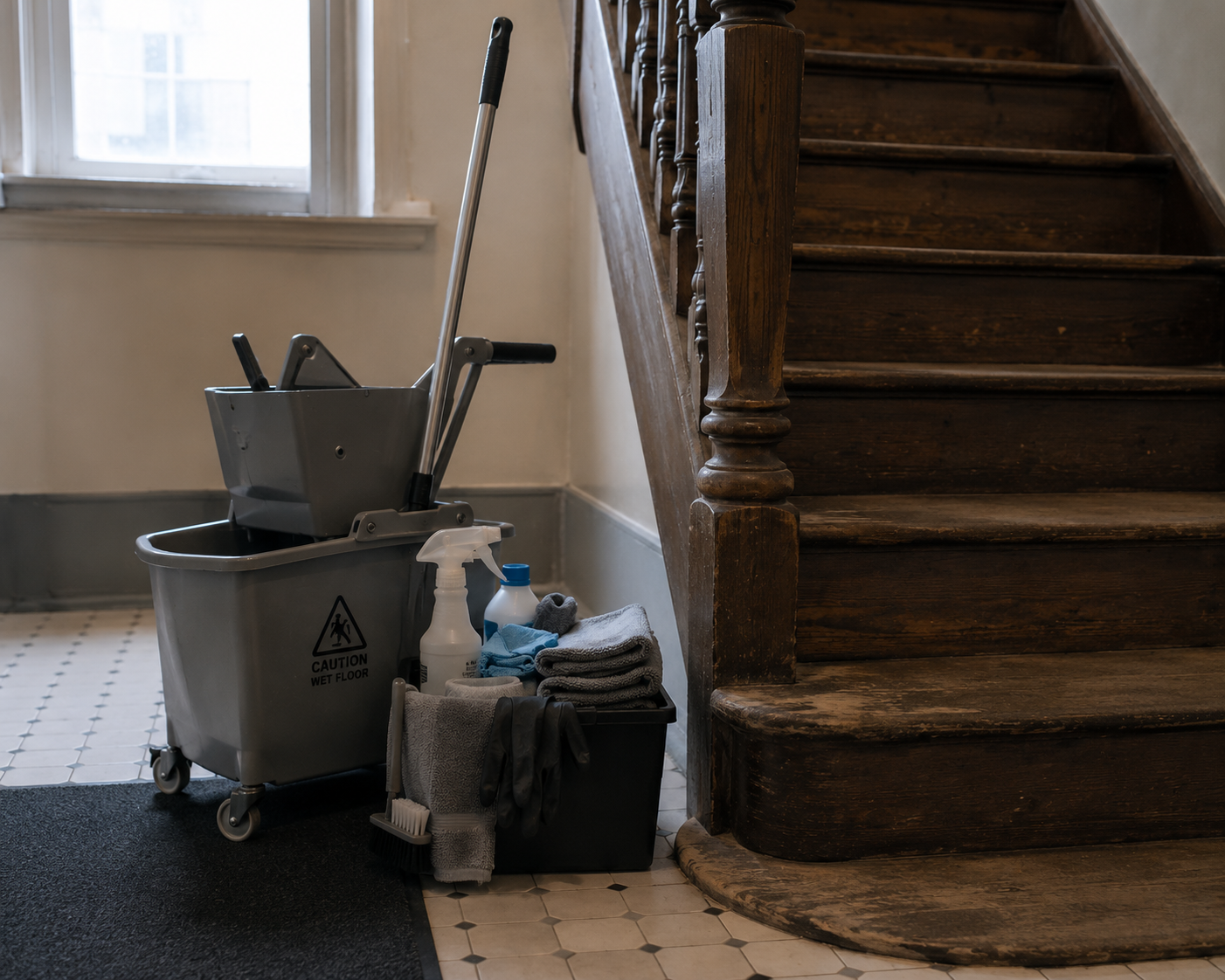 Matériel de nettoyage près d’un escalier montréalais
